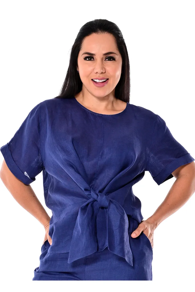 Azucar 100% Linen Ladies Short Sleeve Front-Tie Blouse in (3) Colors-LLB1333