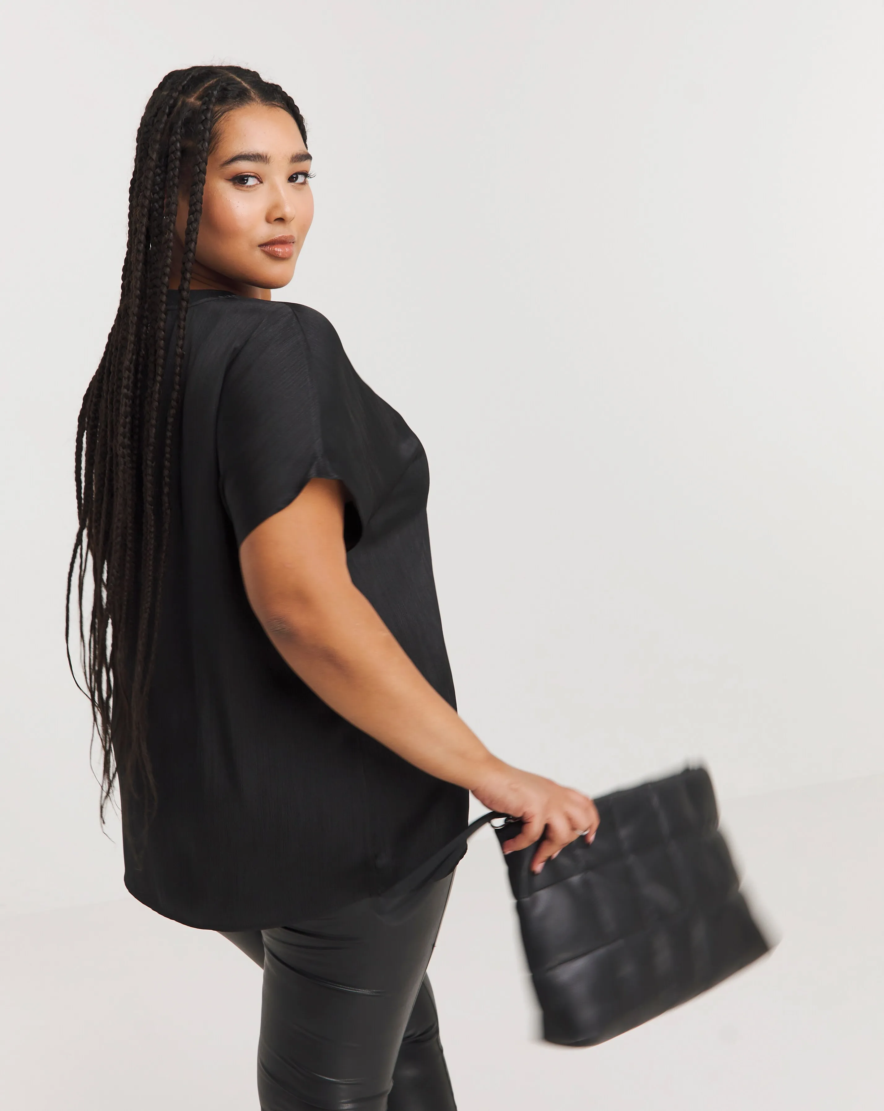 Black Short Sleeve Satin Round Neck Boxy Top | Simply Be