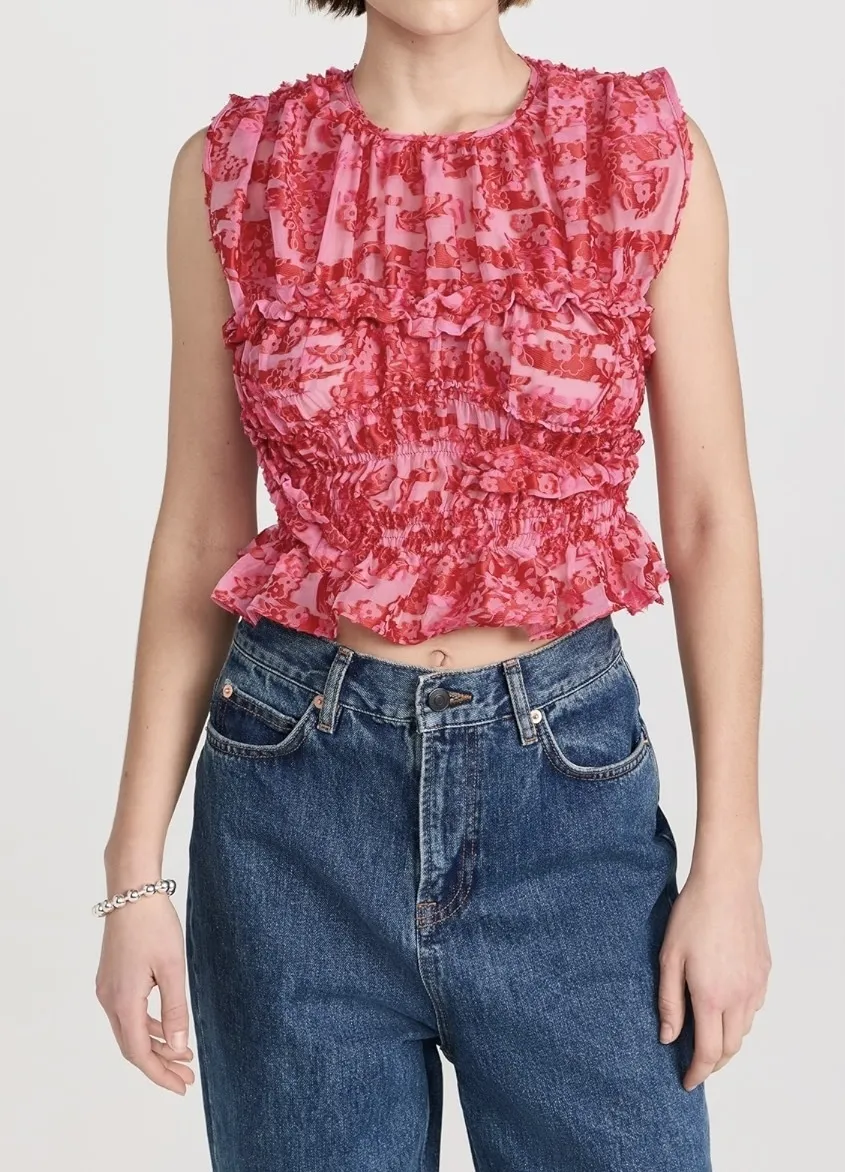 CECILIE BAHNSEN  |Flower Patterns Lace-up Blended Fabrics Cropped Tops