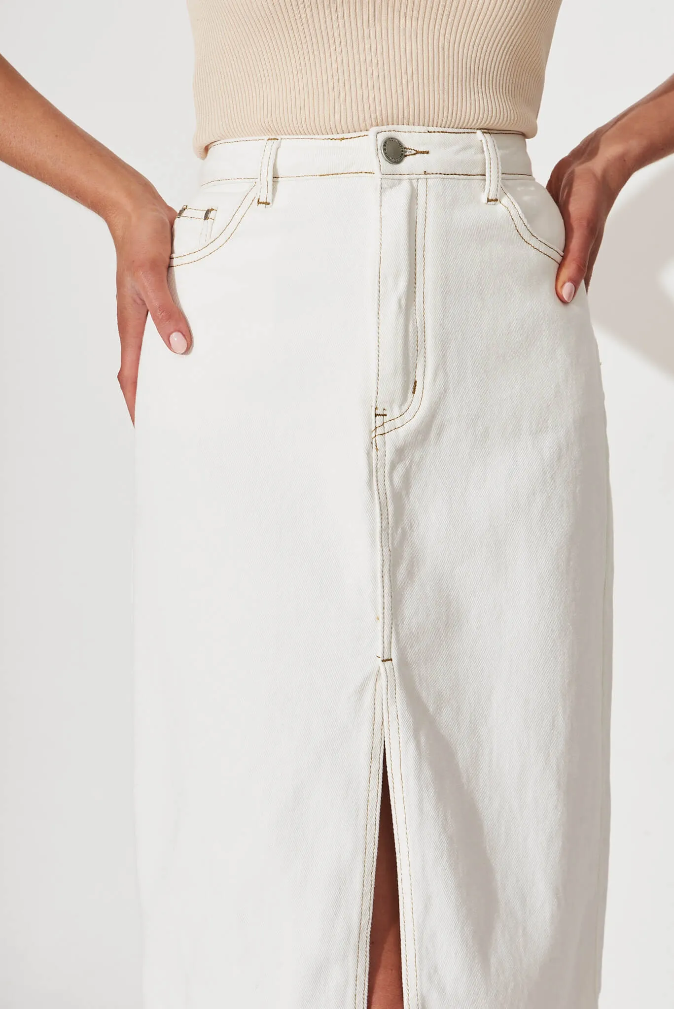 Cha Cha Midi Denim Skirt In White