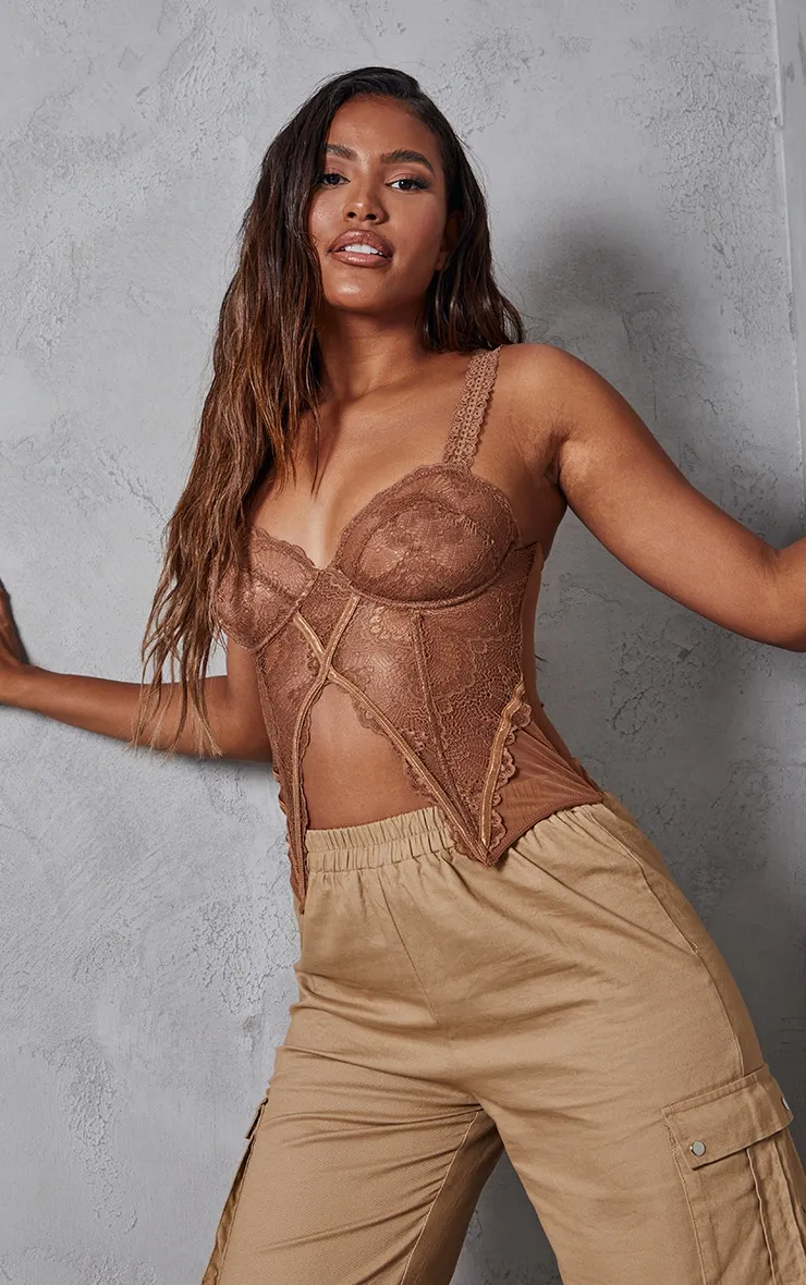 Chocolate Lace Split Hem Corset | Tops