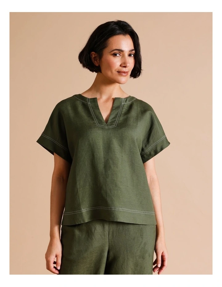 Extended Notch Neck Short Sleeve Top In Olive/ White Contrast Top Stitching