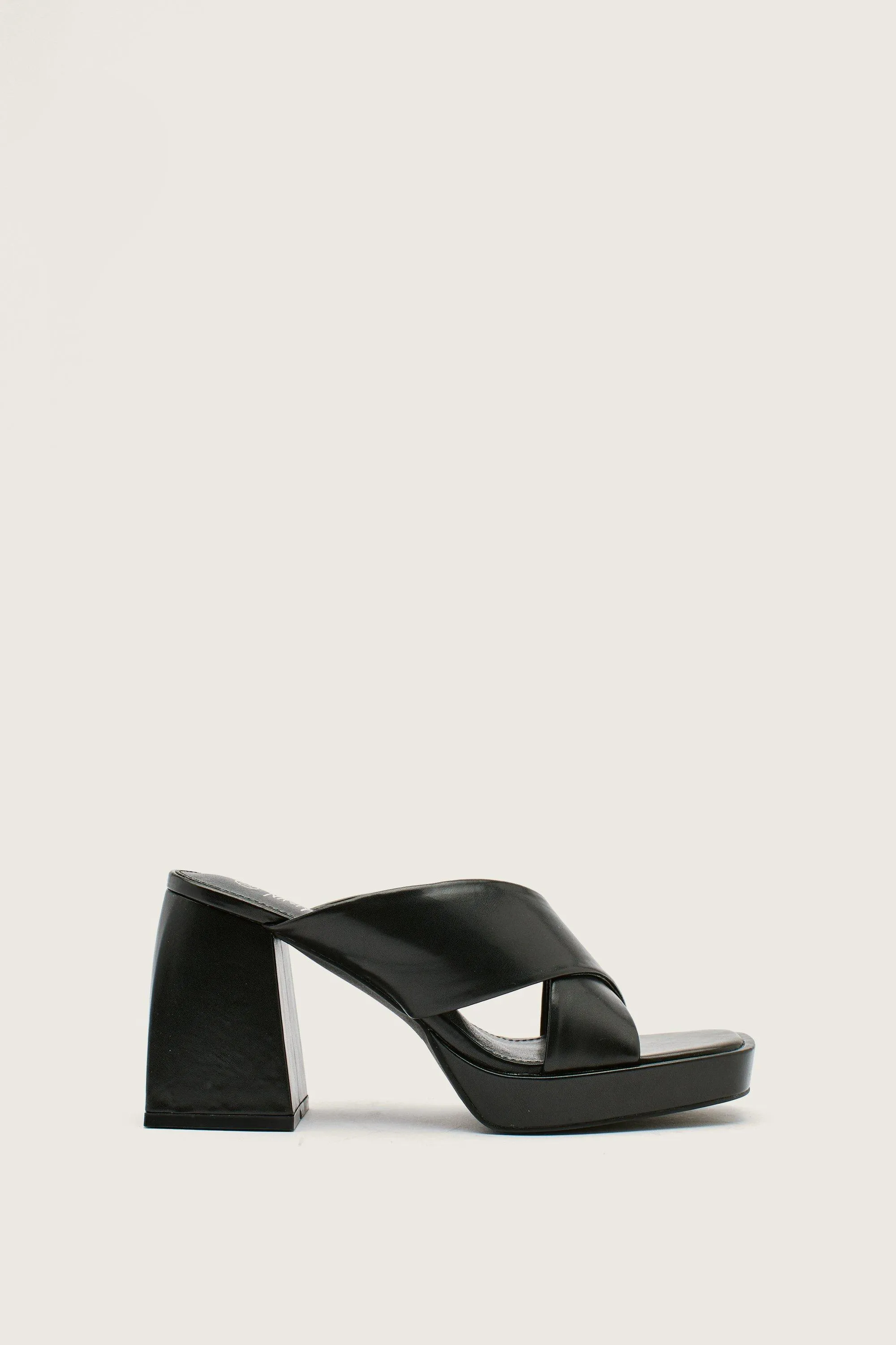 Faux Leather Cross Front Platform Heeled Mule