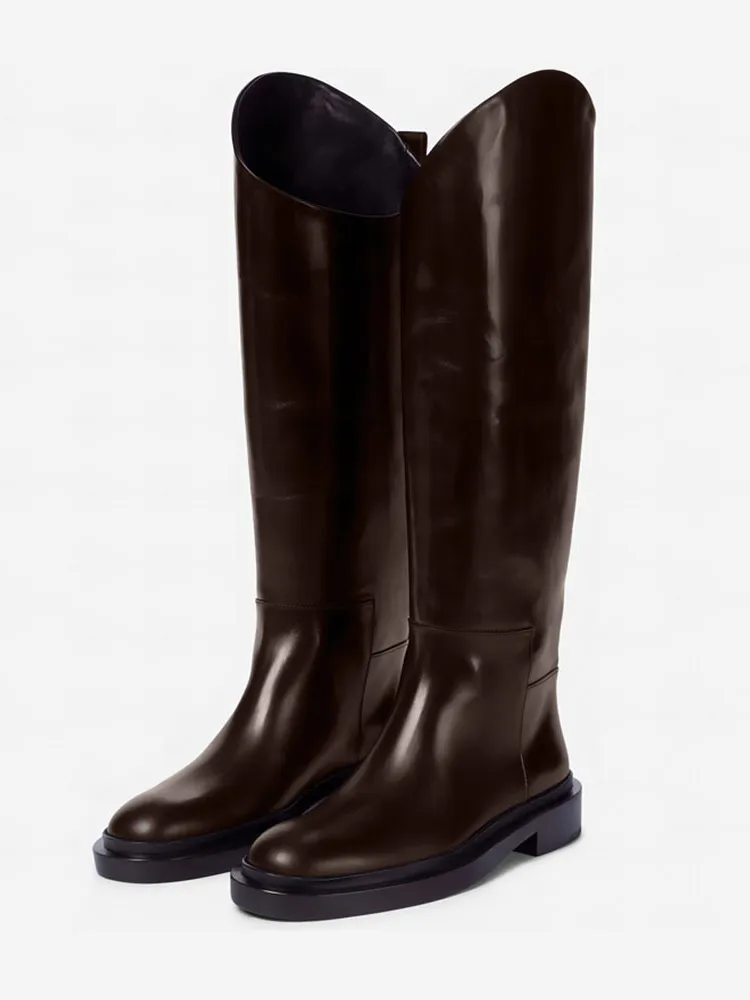 Mid Calf Boots Women's Cowhide Round Toe Flat Boots