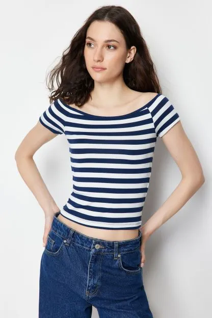 Pack of 2 Navy Blue Striped-Red Plain Carmen Collar Crop Stretchy Knitted Blouse