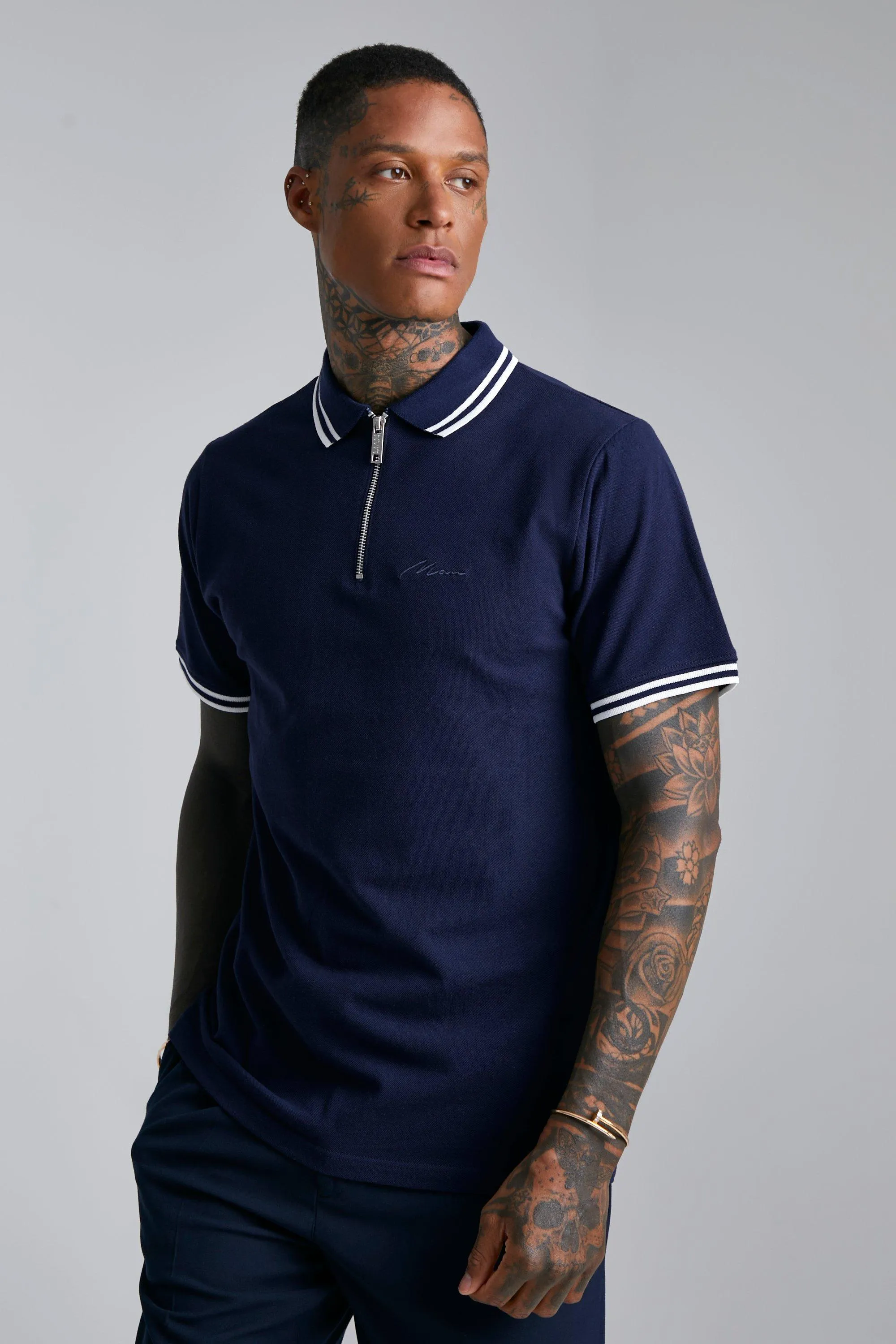Slim Tipped Pique Zip Polo | boohooMAN UK